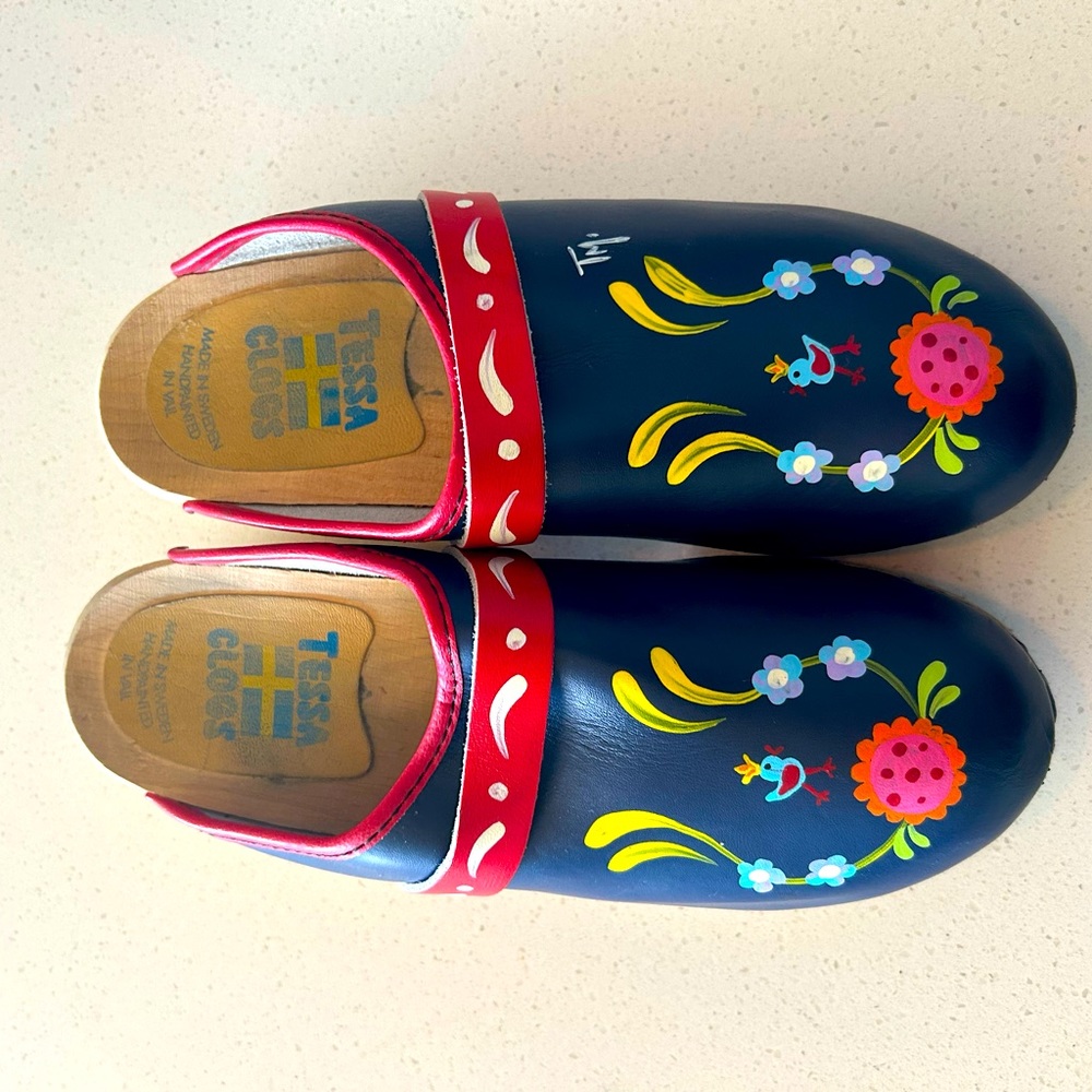 Tessa Clogs size 40B, gently used, made in Switzerland, hand painted